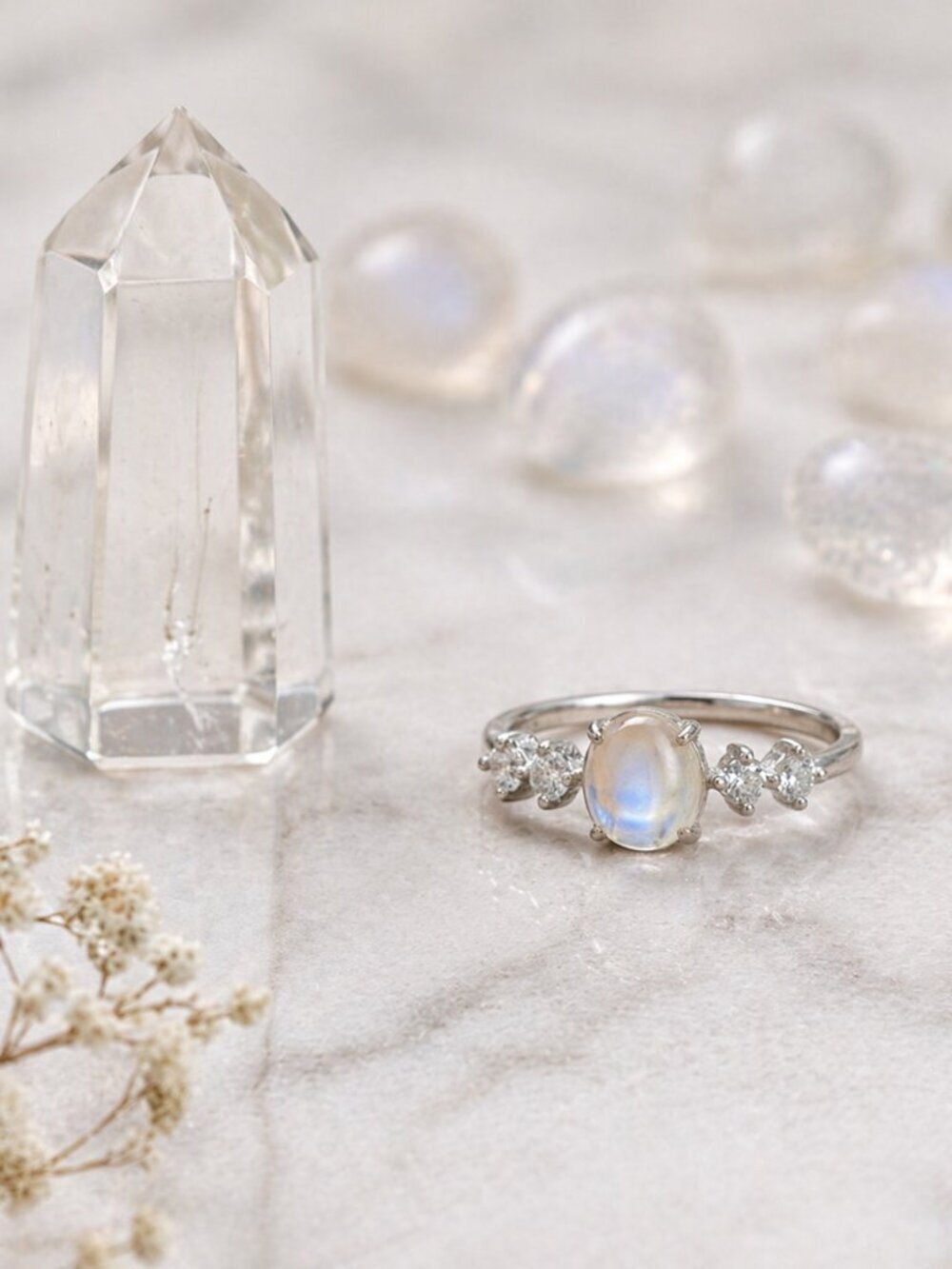 Celestial Dainty 925 Silver Genuine Moonstone CZ Minimalist Ring Size 7 - Picture 5 of 15